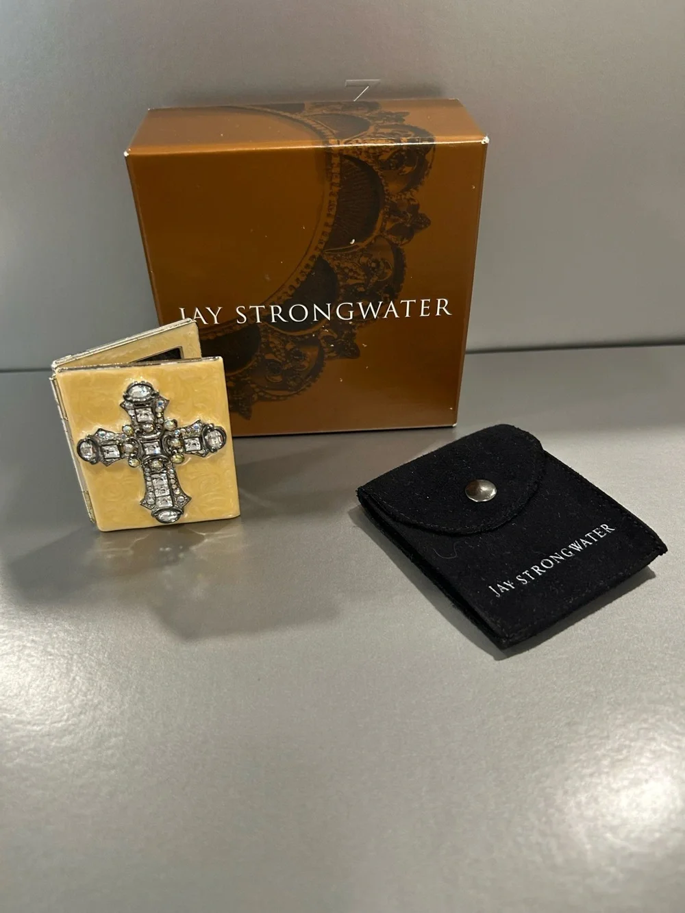 Jay Strongwater Ivory Enamel Folding Travel Frame with Crystal Cross